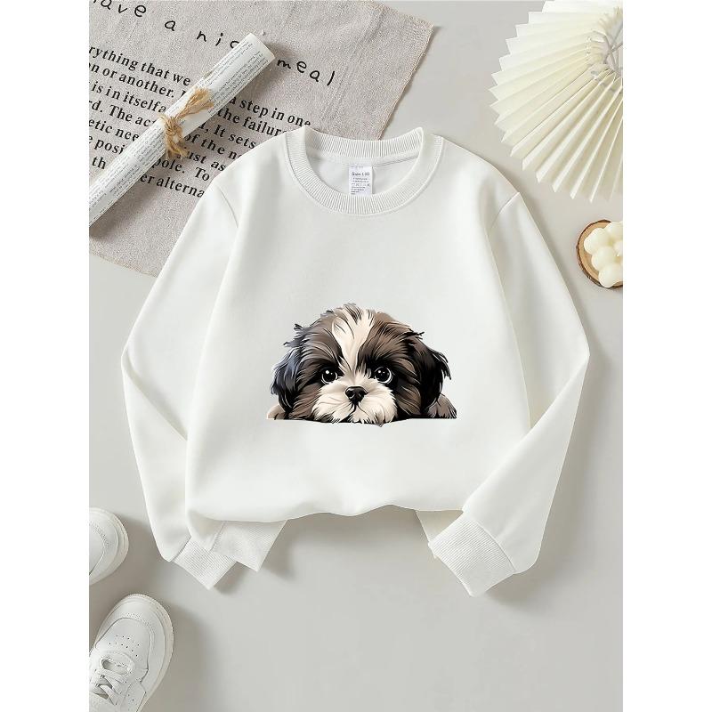 European sizes Kids  Round-Neck Hoodie | Cute Shih Tzu Puppy Face Print, Sportswear and Casual Wear, Soft and Comfortable,  Playful Design 110 белый
