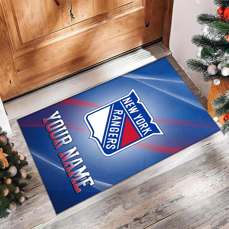 New York Rangers Crystal Velvet Rug, Custom Name Text Personalized Non‑Slip Floor Mat for Home Decor Gift