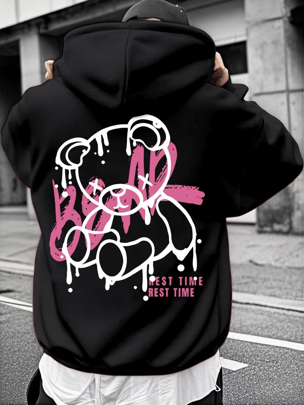 

2025 American style new autumn men s fashion teddy bear print micro elastic comfortable hooded sweatshirt outdoor urban streetwe 3XL