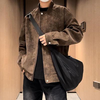 Veste en Cuir Homme Veste Décontractée Style Couple High Street Peau de Pêche Noir Ample Polyvalente Veste Printemps et Automne
