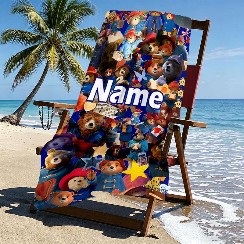 Custom Name Personalized Paddington Bear Print Beach Towel, for Trip Camping Beach Party Home Decor, Birthday Gift for Family & Friends
