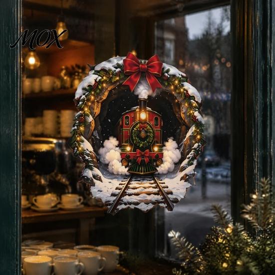 Christmas Storefront Decor Vintage Steam Train Static Window Sticker, 3D Broken Wall Effect Glass No Glue Stickers No-Adhesive Decal for Xmas