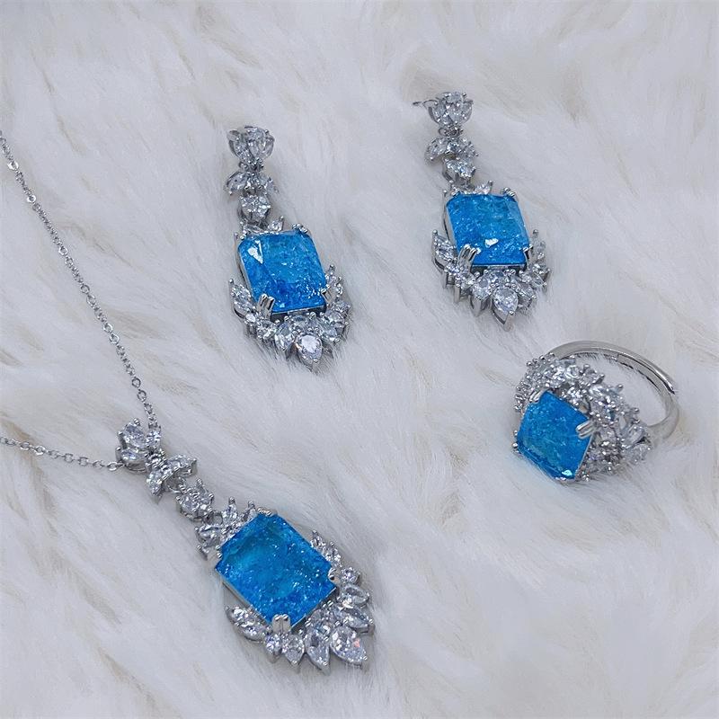 Ice Flake Deep Sea Blue Jewelry Set: Women's Luxury Ring, Necklace & Earrings