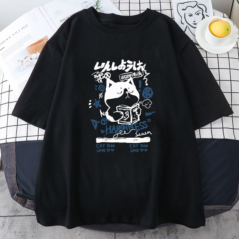 

Japanese Kanji Cat Girls Tshirt Women Short Sleeve Cotton Teeshirt Oneck Kawaii Graphic Printing Tees Streetwear Female Shirt 4XL