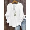 Women's Spring/Fall Solid-Color Ruffled 3/4-Sleeve Top: V-Neck, Plus Size, Loose-Fit Casual T-Shirt