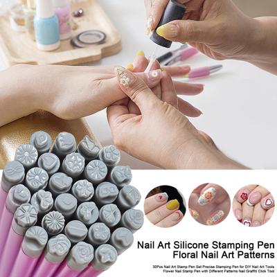 30 ks Sada razítkovacích per na nehty Precizní razítkovací pero pro DIY nástroje na nehtové umění Květinové razítkovací pero na nehty s různými vzory Nástroj pro klikání na graffiti na nehty
