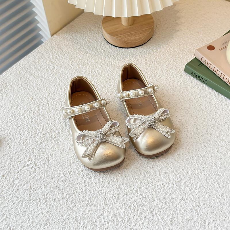 

Туфли из кожи для девочек, круглый носок, милые банты, детские туфли на плоской подошве, нескользящие, модные, детские туфли принцессы для танцев, мягкая подошва, застежка-липучка 30 золотой