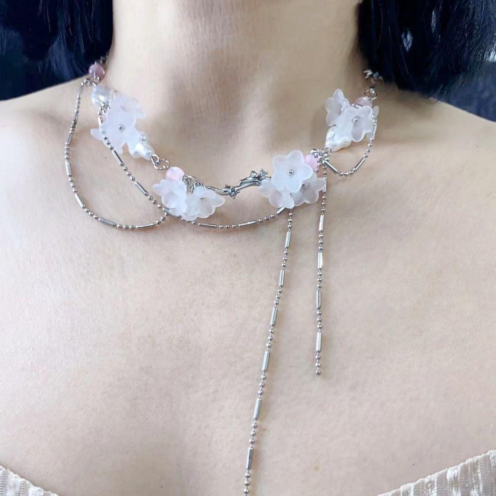 Light Luxury Sakura Necklace French Design Lockbone Chain Tassel Necklace  Niche Collection