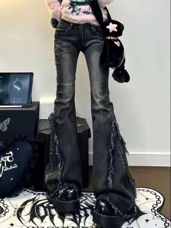 New 2024 Low Waist Gray Flared Jeans for Women - Retro Raw Edge Style