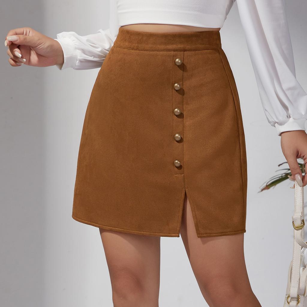 Women's Solid Color Suede Skirt High Waisted Metal Buckle Wrapped Hip Short Skirt Mini Skirt