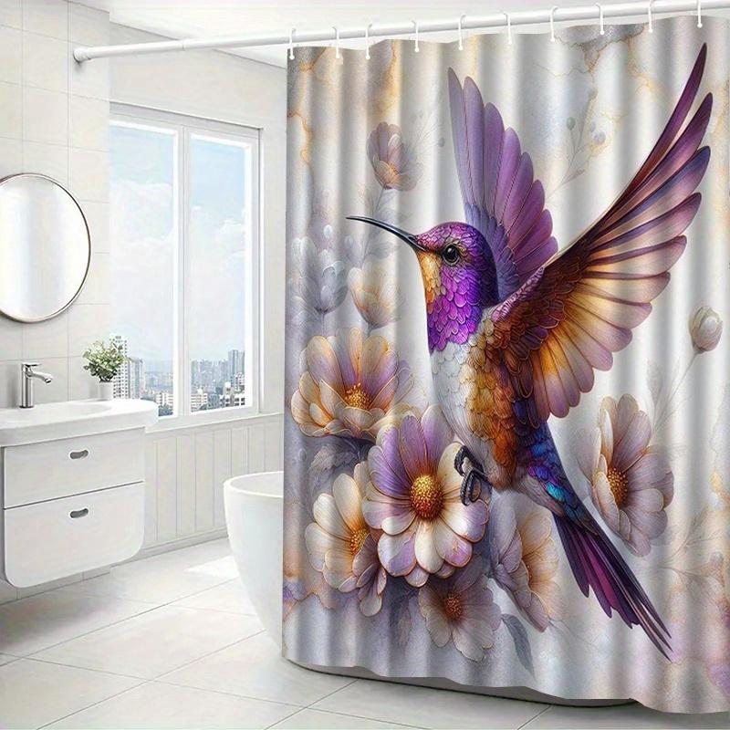 Hummingbird Shower Curtain Purple Bird Floral Art Nature Design Elegant Bathroom Decor Waterproof Printed Bath Curtain Home