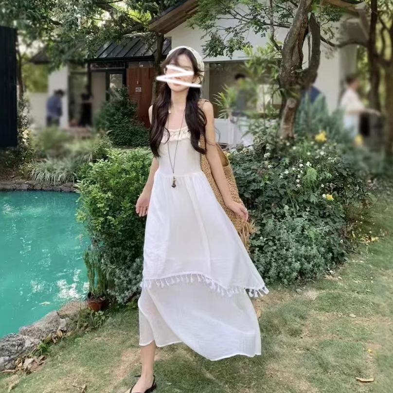 Holiday wind fringe splicing suspender dress women's spring new design feeling waist gentle first love long dress