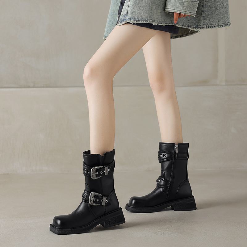 Krazing Pot Kravská kůže Čtvercová špička Zimní Střední podpatky Moderní Westernové boty Ženy Rockový styl Vintage Kovové zapínání Kotníkové boty