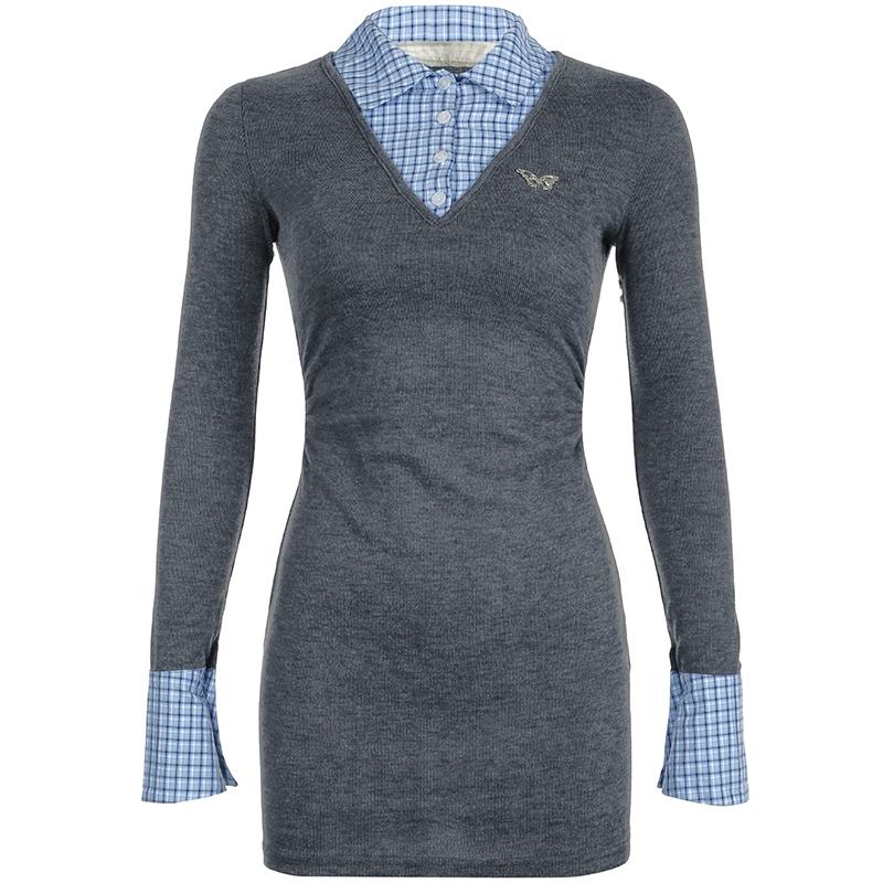 

Корейские элегантные клетчатые женские платья с лацканами в стиле пэчворк, элегантные сказочные модные тонкие контрастные короткие платья L серый