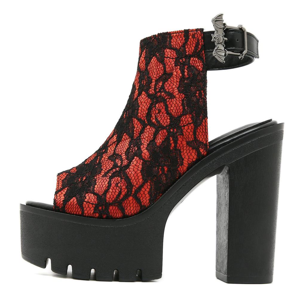 Gdgydh Eleganti Décolleté Retrò a Rete per Donna Pizzo Peep Toe Scarpe con Plateau Cinturino alla Caviglia Sandali con Plateau Rossi Slingback