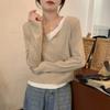Spring New Design Sense Lazy Wind Fake Two-piece Neck Knitted Sweater Women's Casual and Thin Commuter Primer