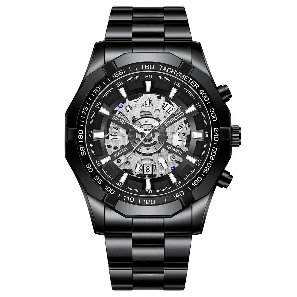 Binbond Skelett Non-Mechanisch Wasserdichte Herrenuhr - Schwarzes Metall & Blaues Design