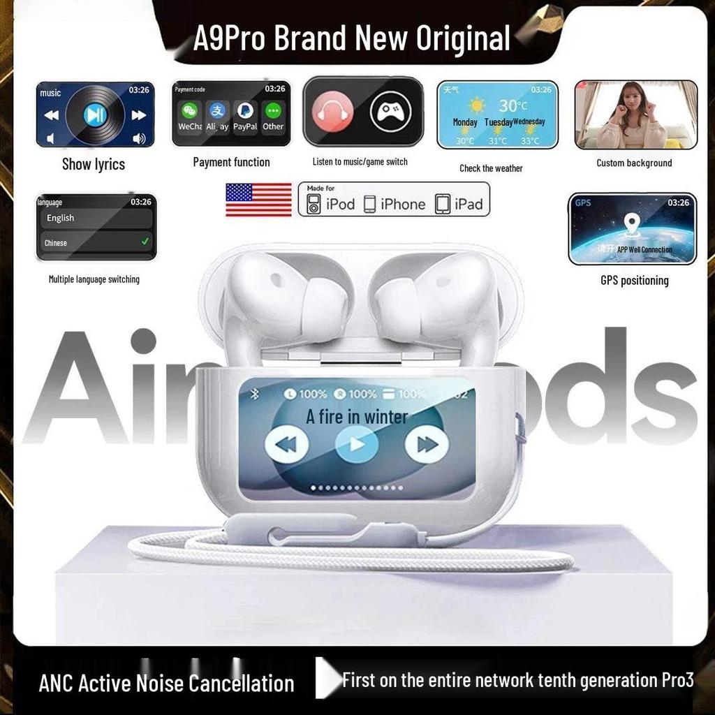 A9Pro ANC Bluetooth 5.4 Wireless Sport Earphones with Touchscreen & Noise Cancelling