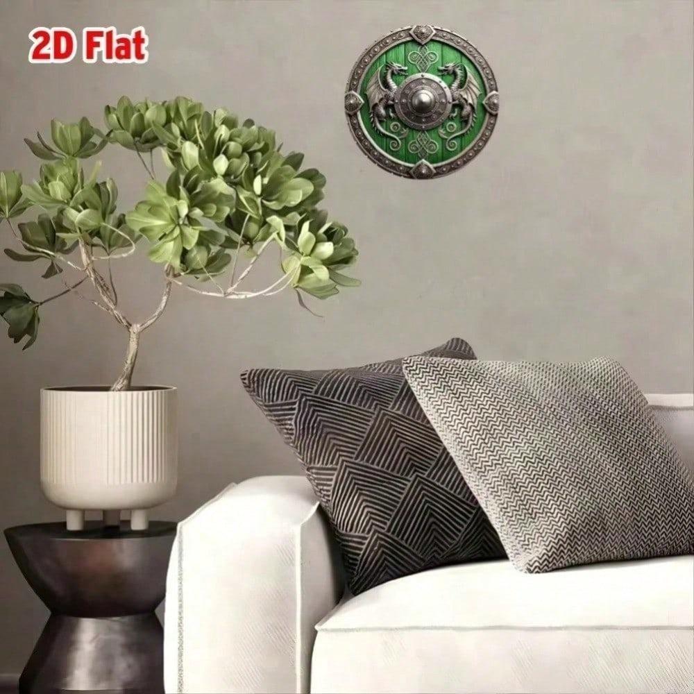 Wikinger Rundschild Wandkunst, Metallplakette 8x8 Zoll, Drachenhelm Design, Vintage Grün Silbrig, Nordisches Wohnaccessoire