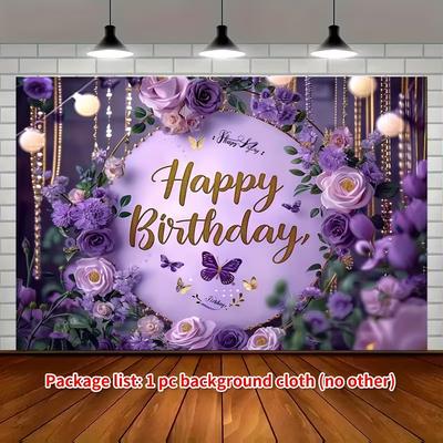 2D Happy Birthday Party Backdrop, 2D Purple Floral & Butterfly Background