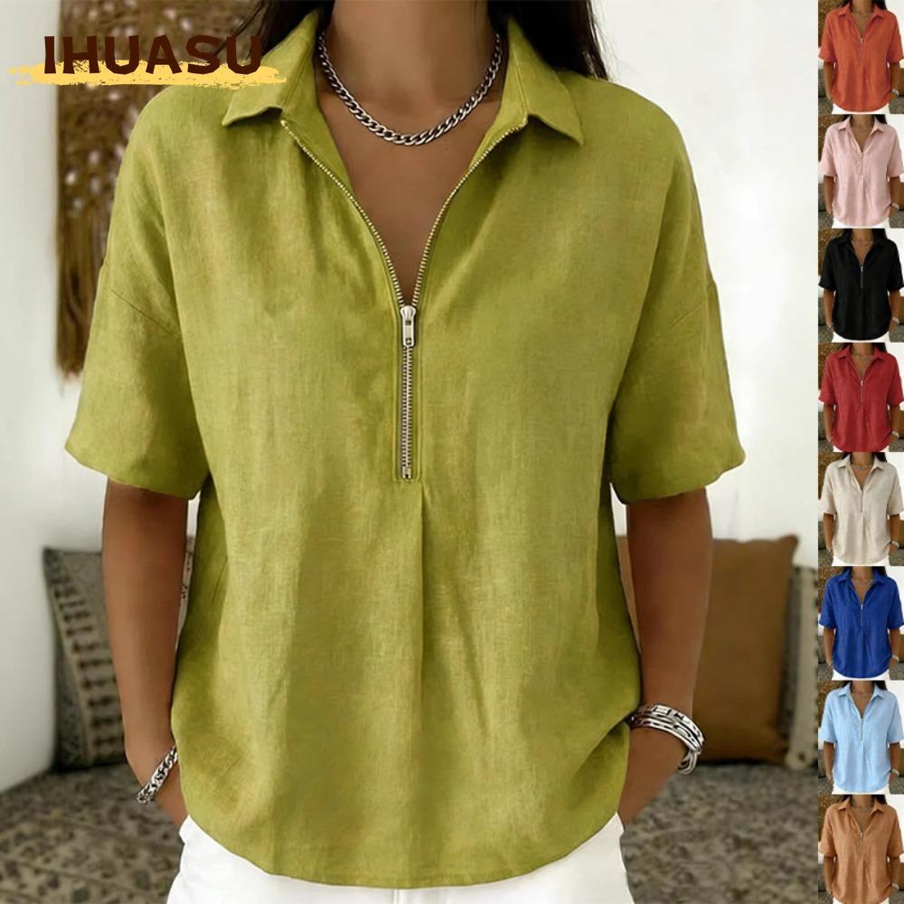 IHUASU Kadın Modası Günlük Düz Renk Baskı Kısa Kollu POLO Yaka Bluzlar ve Gömlekler