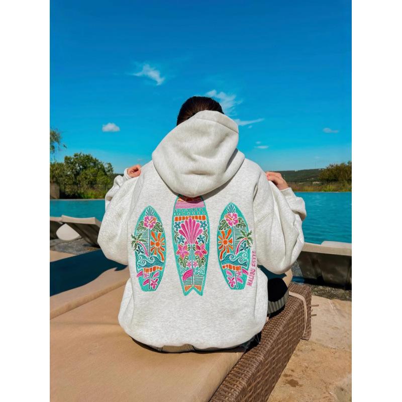 American Retro Floral Letter Print Grey Sweatshirt 2025