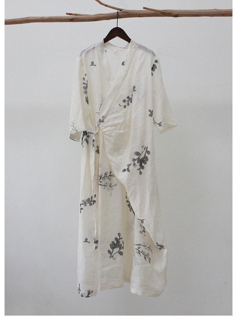 Mountain Spirit Sheer Flowy Tie-Waist Long Dress with Irregular Neckline, Women's Ramie Tea Dress