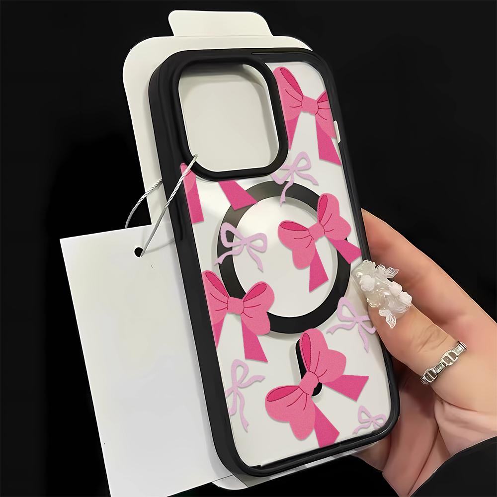 Magsafe Magnetic Wireless Charge Phone Case For iPhone 17 16 15 14 13 12 11 Pro Max Cute pink bow Cover