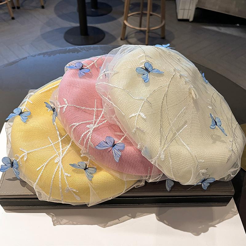 3D Butterfly Mesh Beret Hat For Women Sweet Japanese Style Summer Thin Face Slimming Painter Hat Small Bud Hat