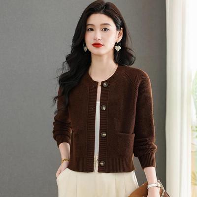 Women's Petite Round Neck Knit Cardigan & Matching Skirt Set - Solid Color, Autumn/Winter Collection