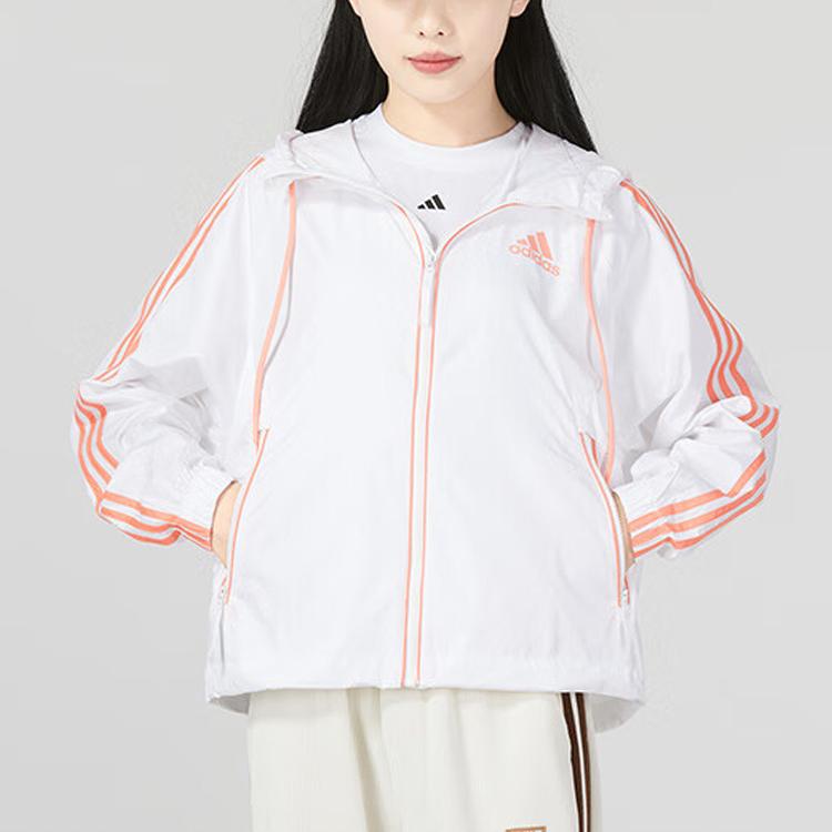 Adidas Striped Colorblock Drawstring Hooded Jacket Women Outerwear White HT8752