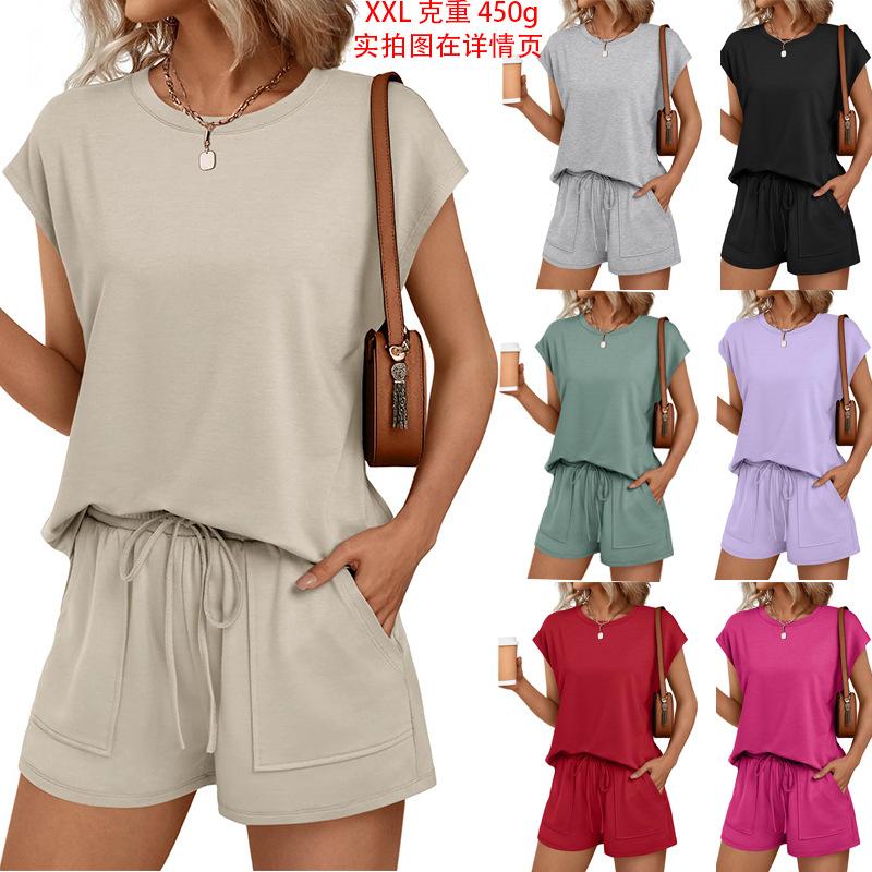 Set da donna casual con top a maniche corte e pantaloncini con coulisse