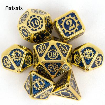 7-teiliges goldblaues Zahnrad-Metallwürfel-Set aus massivem Metall mit polyedrischen Würfeln, geeignet für Rollenspiele, RPG-Brettspiele und Kartenspiele