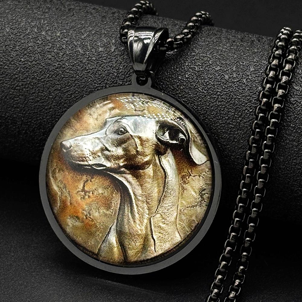 Greyhound Whippet Hundekopf Glasmedaille Anhänger Halskette für Damen Herren Vergoldeter Edelstahl Tier Haustierliebhaber Kette Schmuck gray