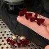 Stylish Red Flocked Bow Pearl Stud Earrings: Wearable Both Sides, Enhancing Fairness and Elegance, Perfect New Year Accessory