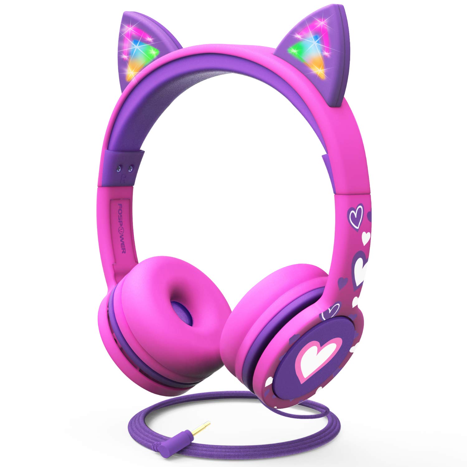 

FosPower Kids Headphones LED Light Up Cat Ears 3.5mm On-Ear Audio Headphones for Kids with Braided Tangle-Free Cable (Up to 85dB) - Hot PinkPurple
