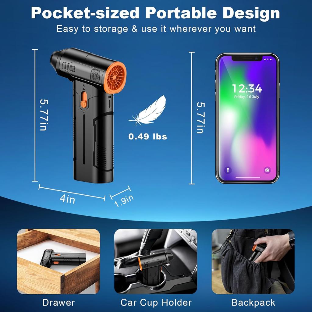 Compressed Air Duster, 130000RPM Multi-Gear Adjustable Electric Air Duster with Brushless Motor, Replaces Compressed Air Cans, Rechargeable Cordless