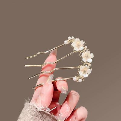 1Pcs Elegant Pearl Flower Hair Combs Pins French Retro Bun Hair Accessories Women Daily U-Shaped Hairpin Female Alloy Hair Clasp
