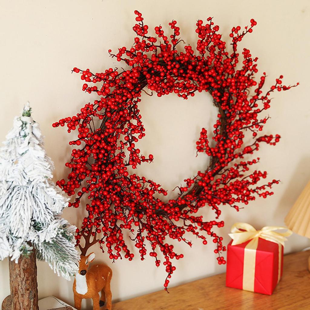 Christmas Wreath Realistic Decorative Decorated with Red Berries Artificial Wreath for Window House Festival Holiday Party