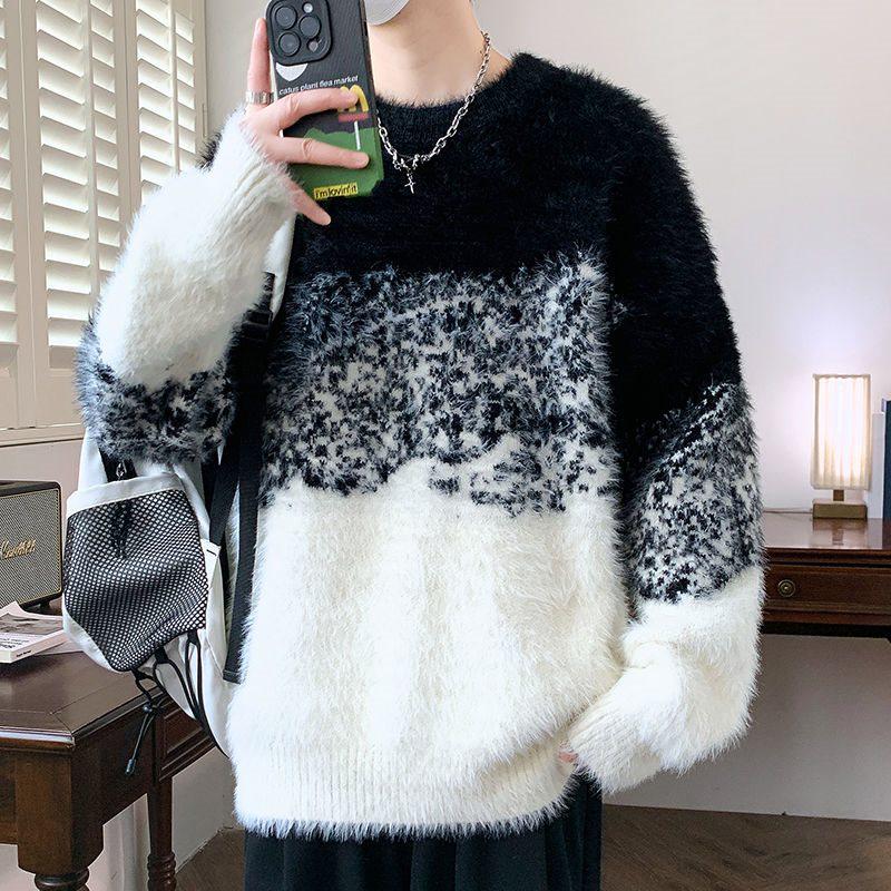 

Мужской шерстяной свитер с круглым вырезом и цветными блоками - Мягкий, толстый и теплый, модный трикотаж для осени и зимы 3XL (150-170 jin)