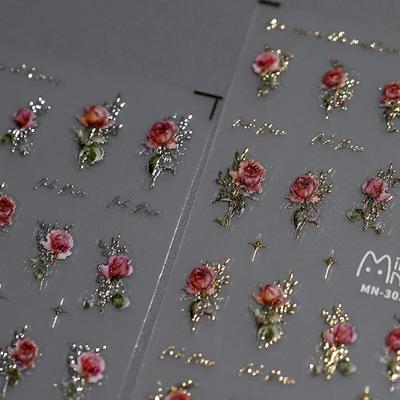 1pcs 5D Luxury Rose Design Nail Art Charms Stickers Red Blue Flower Nail Decorations Self Adhesive Decals Slider DIY