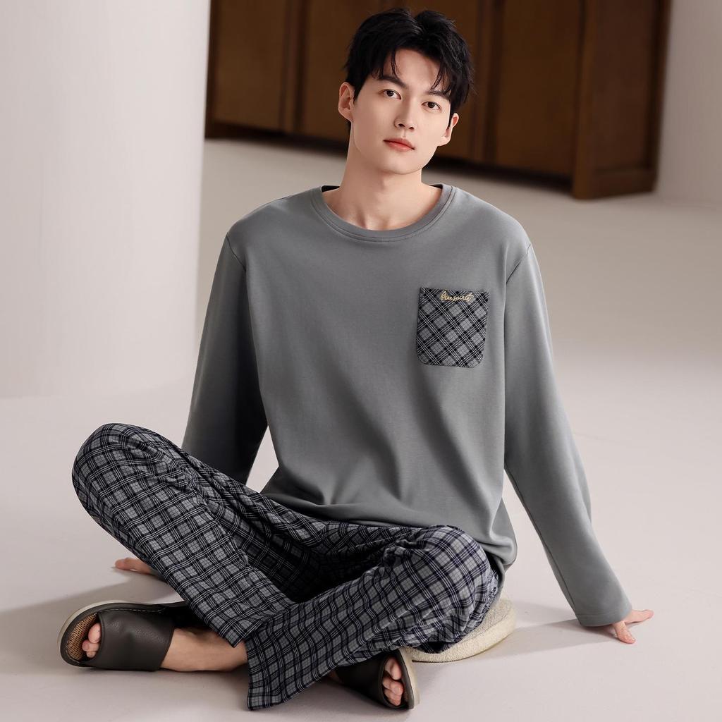 Men's Plus Size Pure Cotton Long-Sleeve Pajamas - Spring & Autumn Style for All Ages