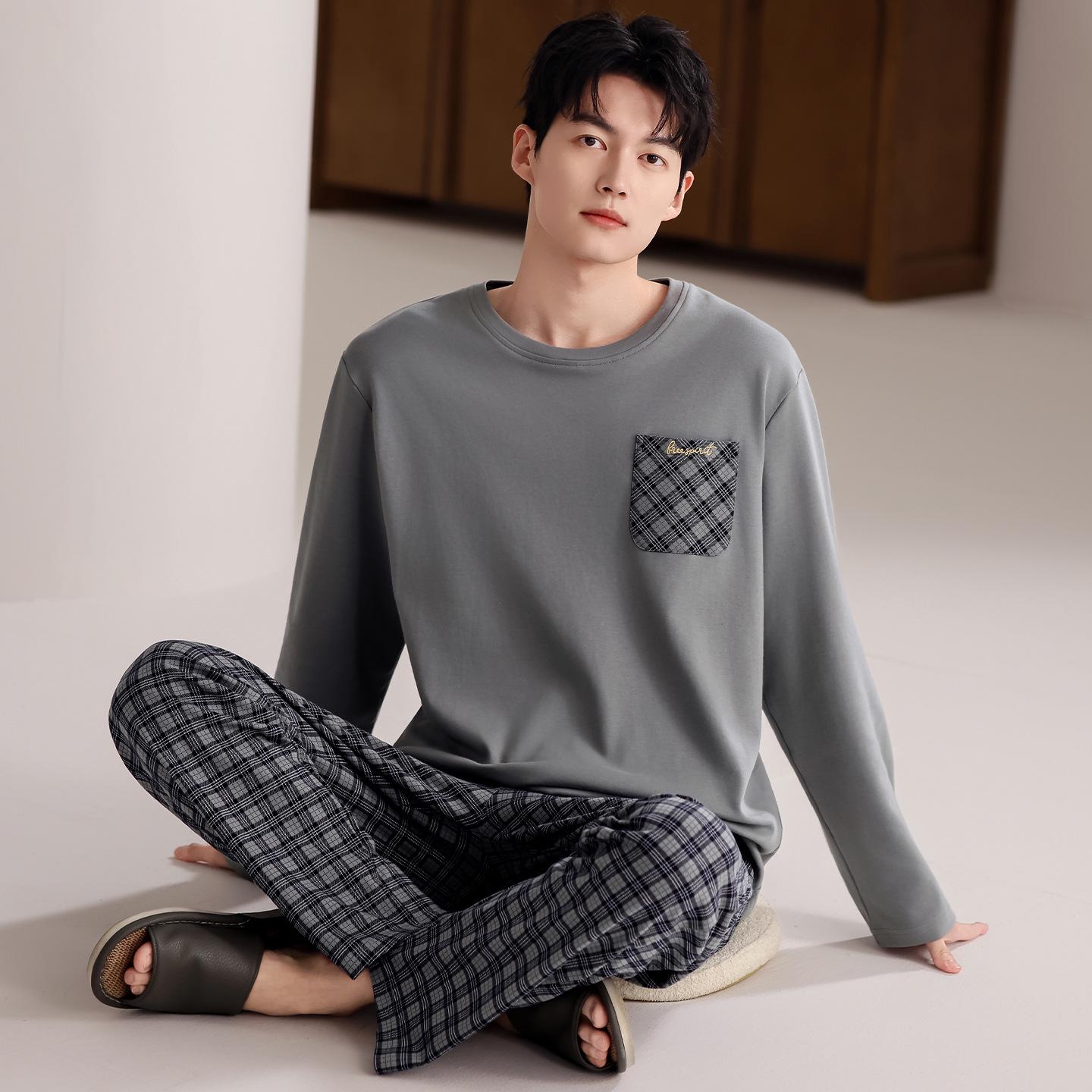 

Мужской комплект пижамы большого размера с длинным рукавом, клетчатый, хлопковый, для весны и осени XXL