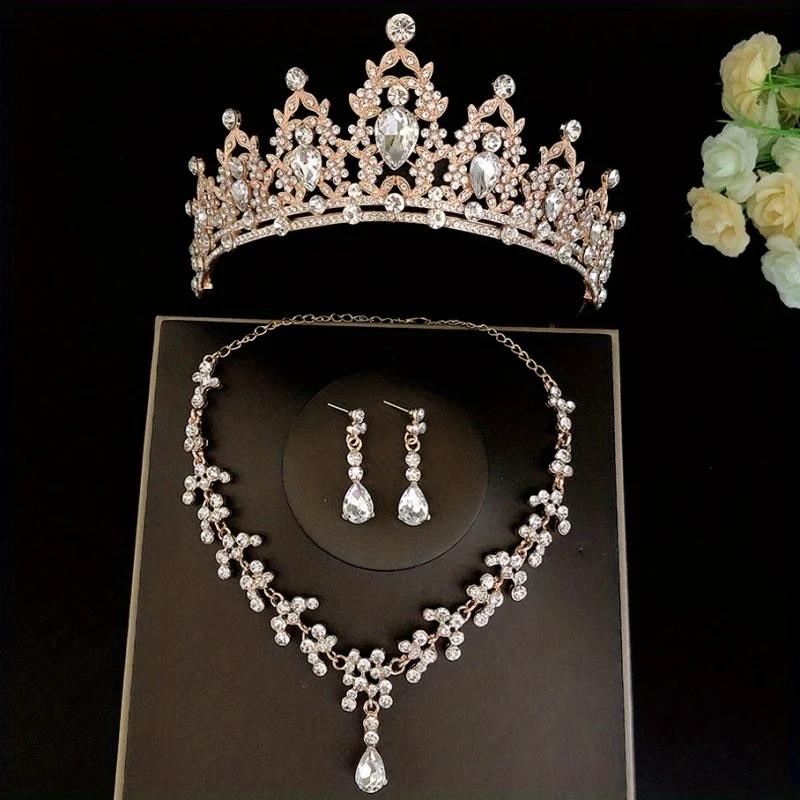 3pcs/set Crystal Bridal Tiaras And Crowns Earrings Necklace Jewelry Set For Women Bride RhinestoneWedding Hair Accessories Crown