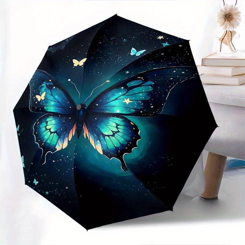 Schmetterling, Fantasy Automatischer Faltregenschirm 8 Rippen, Langlebiger Eisenrahmen, Helles Farbmuster Kompakter Reise-Regenschirm, Geeignet für Outdoor