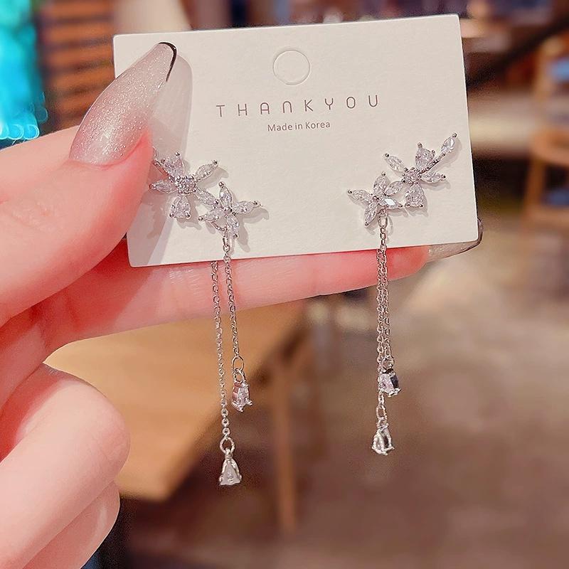 Summer Silver Plated Fashionable Tassel Inlaid Zircon Flower Earrings For Women, New Trendy Light Luxury Earrings Accessories