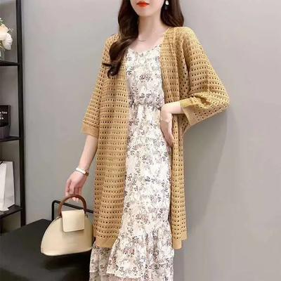 Γυναικεία Καρδίγκαν Άνοιξης και Καλοκαιριού Μονόχρωμο Μεσαίου Μήκους με Κοψίματα Κομψό Casual Πλεκτό Αντηλιακό Μπουφάν