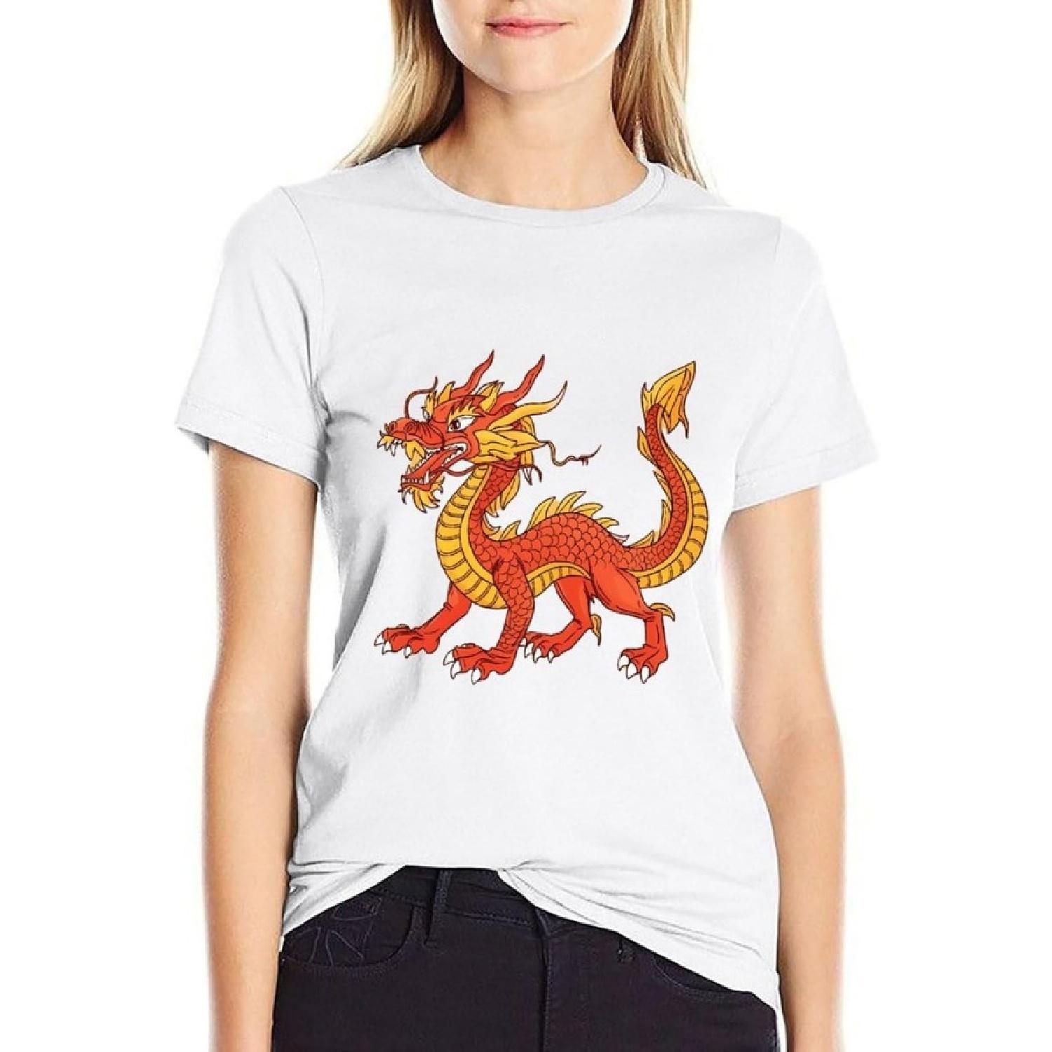 Chinese Dragon Women s T-Shirt Funny Casual Round Neck Tee Short Sleeve Tops S