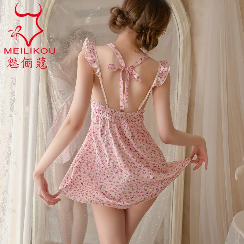 Sexy Floral Suspender Nightdress New Pure Lust Lace Thin Sweet Pajamas Loungewear Women