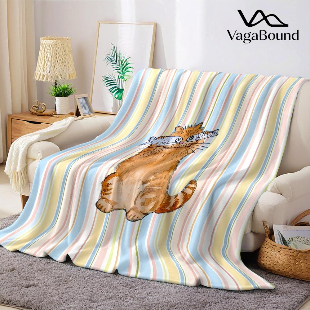Cat With Fish Flannel Blanket Warm Soft Halloween Christmas Couch Warm Cozy Decorative Decor Gift For All Season